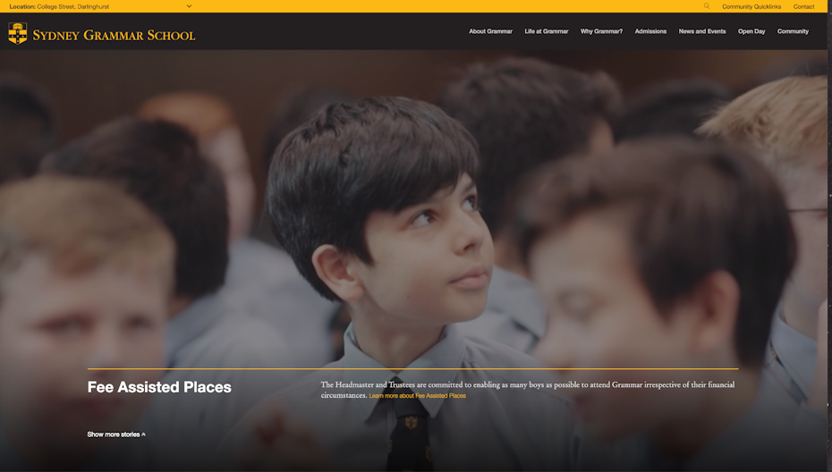 school website with a video playing in the background and foreground text