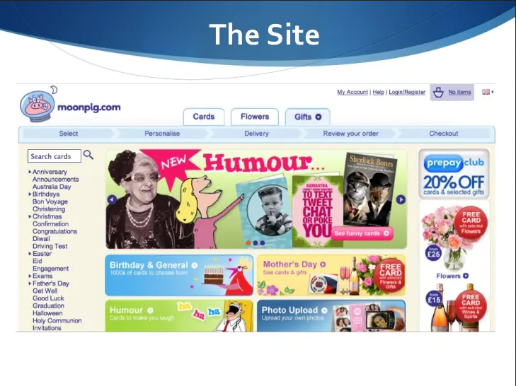 old website of moonpig, showcasing an old lady in black and white, a cartoon of a lady, and different buttons of card categories