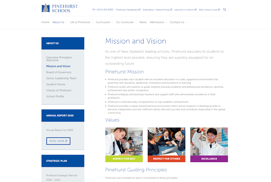 About page showing mission, vision, values and principles of school