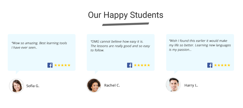 Testimonials of students with a header “Out happy students”