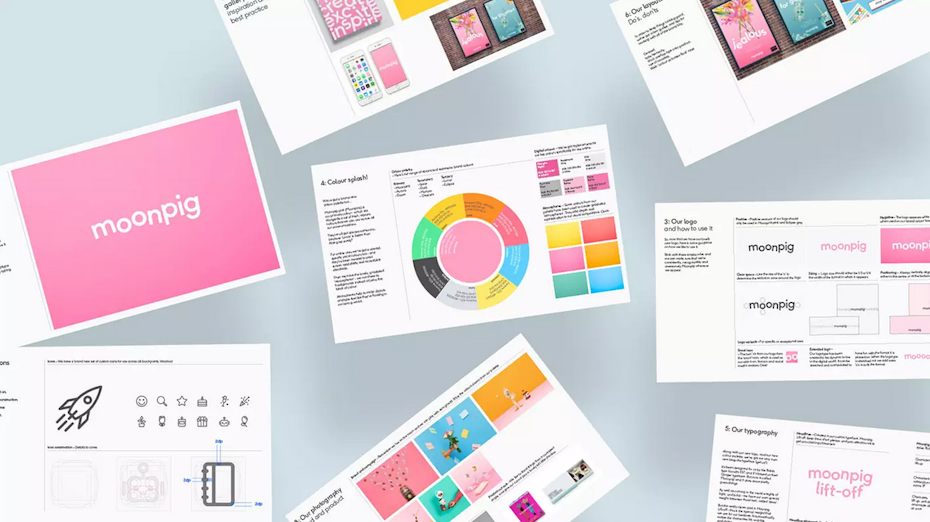 a flat overlay shot of moonpig’s guidelines showing the typefaces, primary and secondary colors, icons, and print layouts