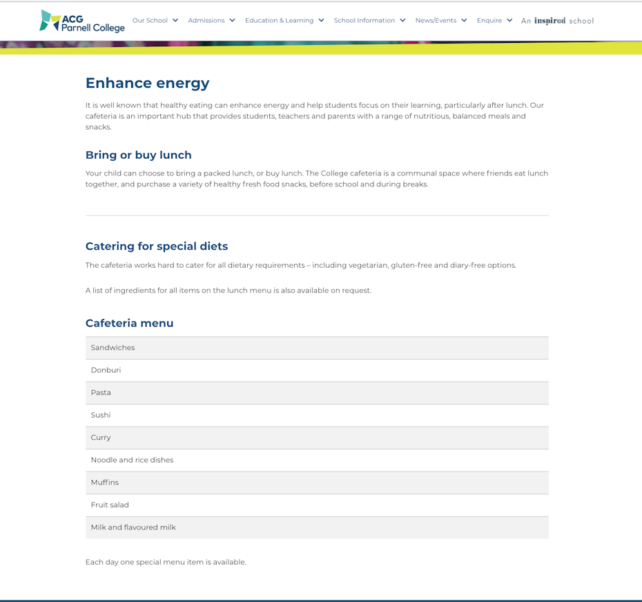 Page showing cafe menu and lunch facilities of the school