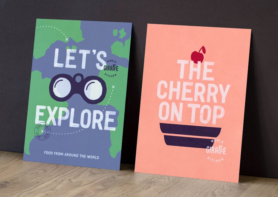 a kid’s menu on the left has a world map in green and blue, and a huge binoculars in the middle. The kid’s menu on the right has a pink background with cherry on top typography cake