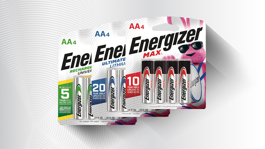 three packages of Energizer batteries with green, blue and red elements