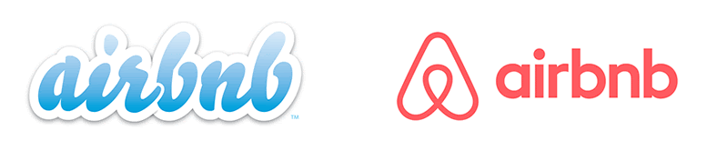on the left is the old logo of airbnb in blue font with a white outline. On the right is the new logo in coral pink with the belo icon