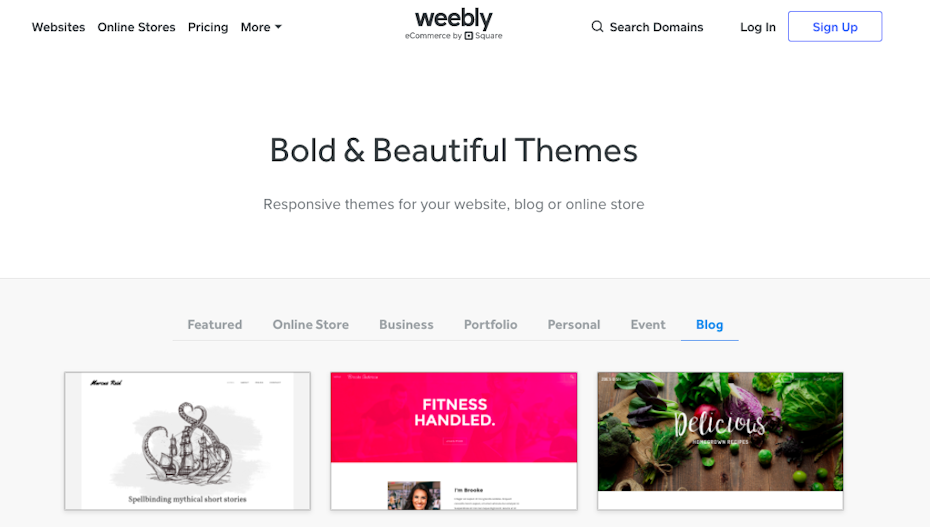 Weebly's blog theme selection page
