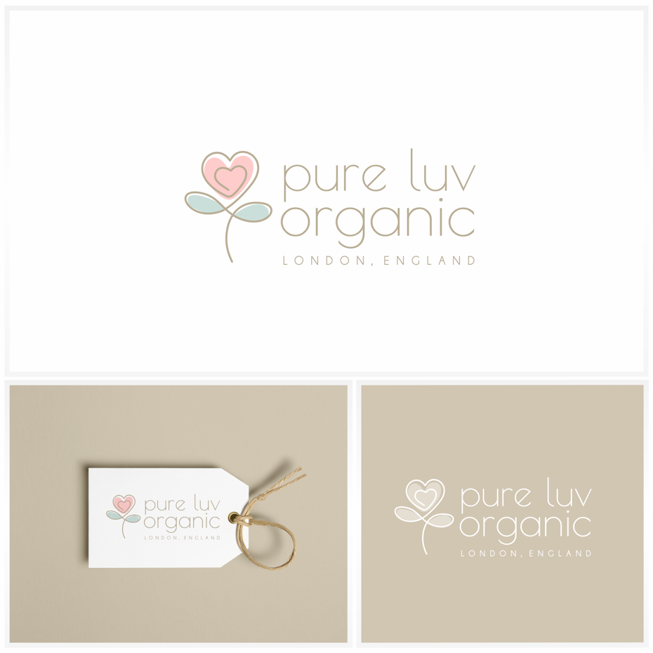 three different images of a red heart flower, a bag tag, and a logo stamp that says pure luv organic