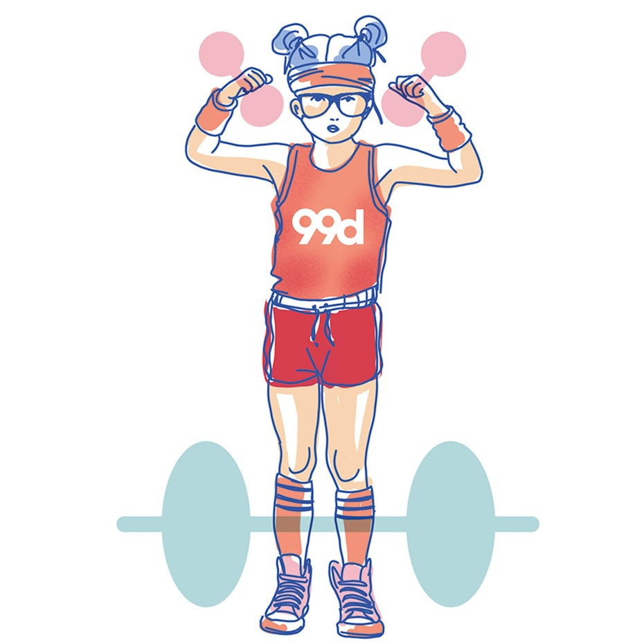 Illustration of an exercising girl with a 99designs shirt