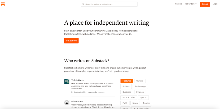 Substack homepage