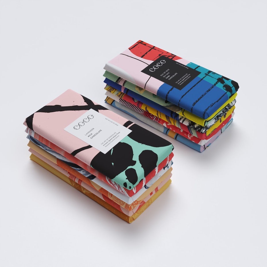 Packagings de chocolat graphiques aux couleurs vives pour Coco via dieline