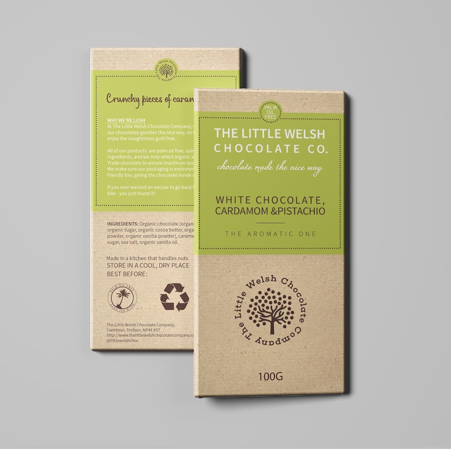 Umweltfreundliche Schokoladenverpackung in braun und grün