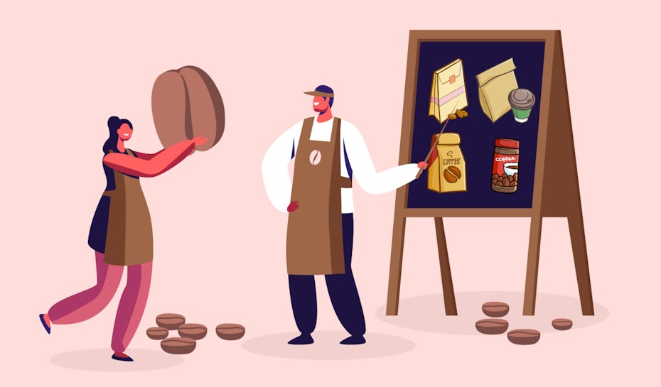 Person holding a large coffee bean while the other person points at a blackboard that has the key components of coffee packaging