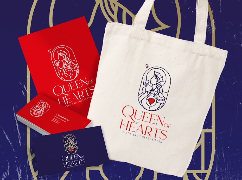 Illustrated Queen of Hearts logo on white tote bag, red poster and business cards