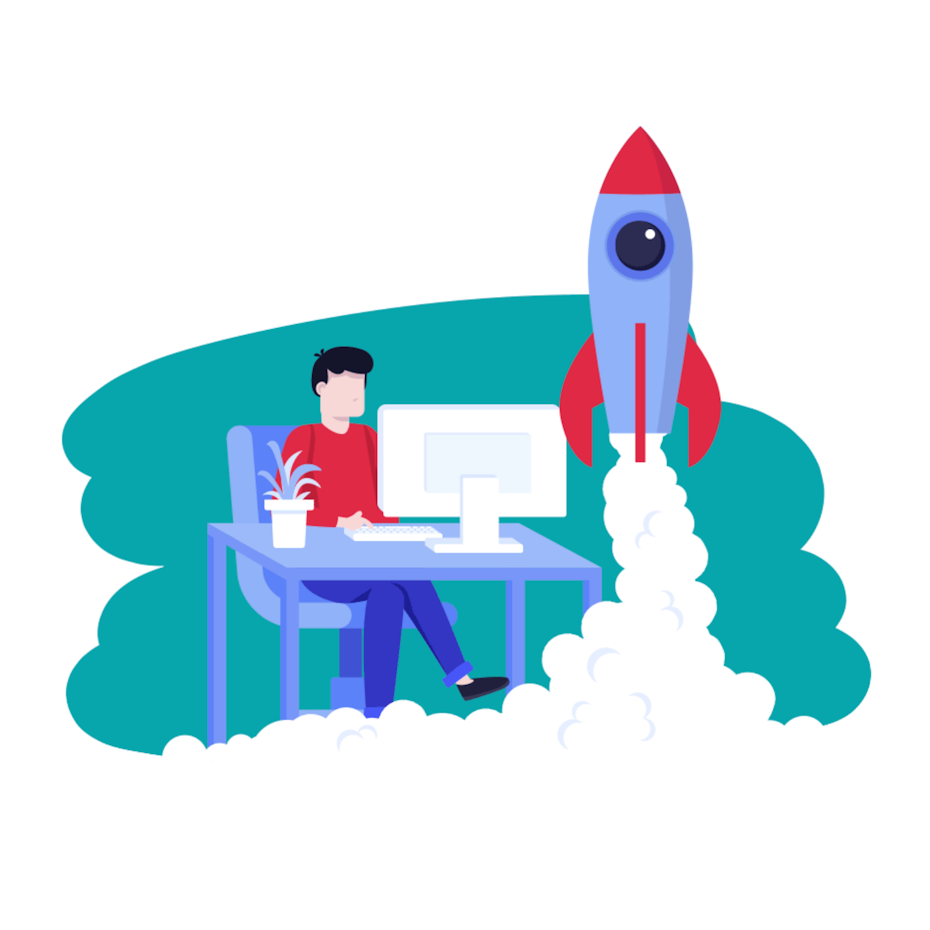 person sitting at a desk while rocket launches up