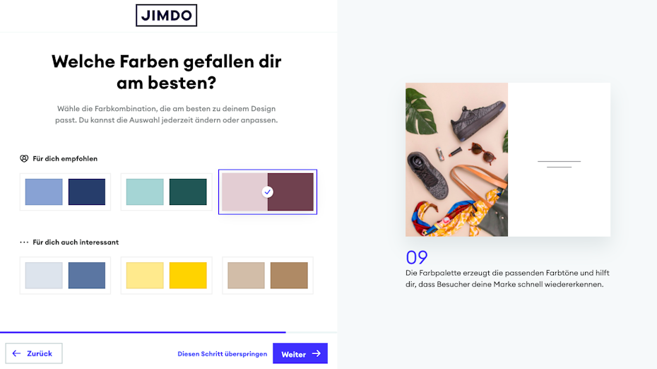 jimdo screenshot: welche farben gefallen dir am besten