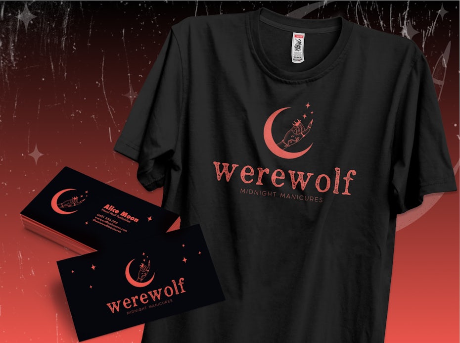 Werewolf Midnight manicure logo featuring moon and hand on black t-shirt and business cards