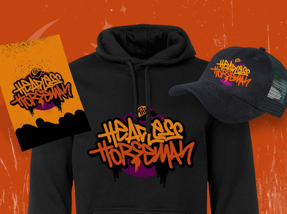The Headless Horseman street art inspired logo in yellow, orange and purple on black hoodie, hat and poster
