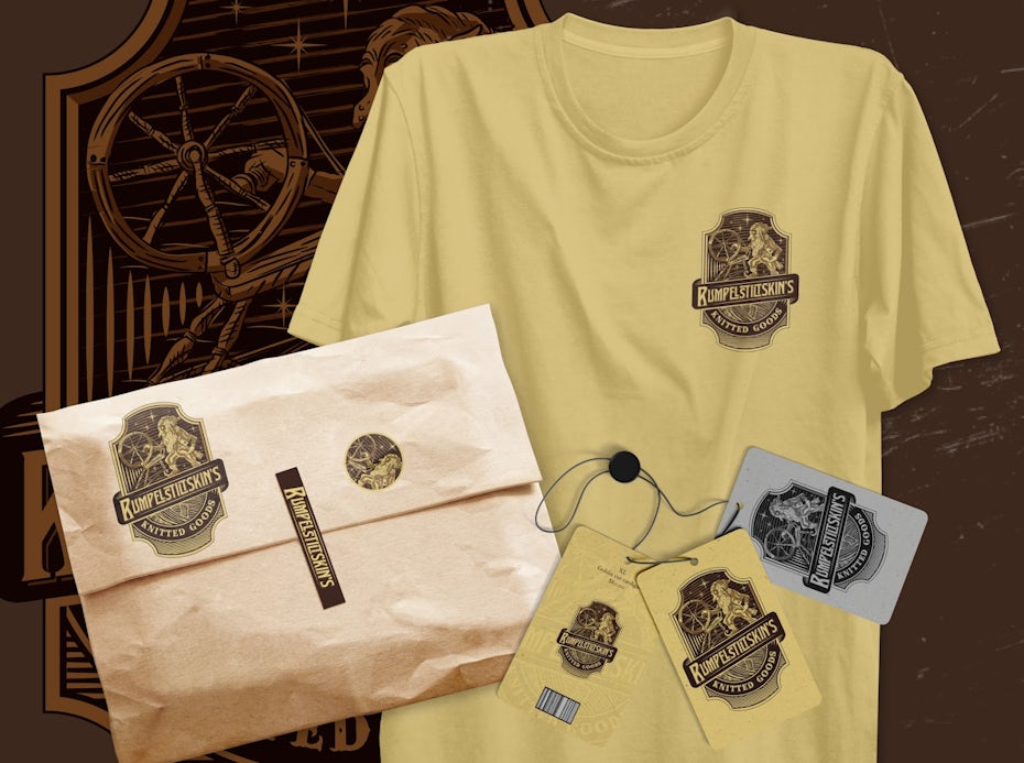 Rumpelstiltskin’s Knitted Goods vintage illustrated logo on pale yellow t-shirt, tags and stickers on packaging