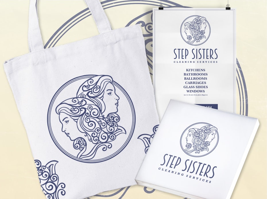 Step Sisters Cleaning Services logo featuring two women on white tote back, posters and signage