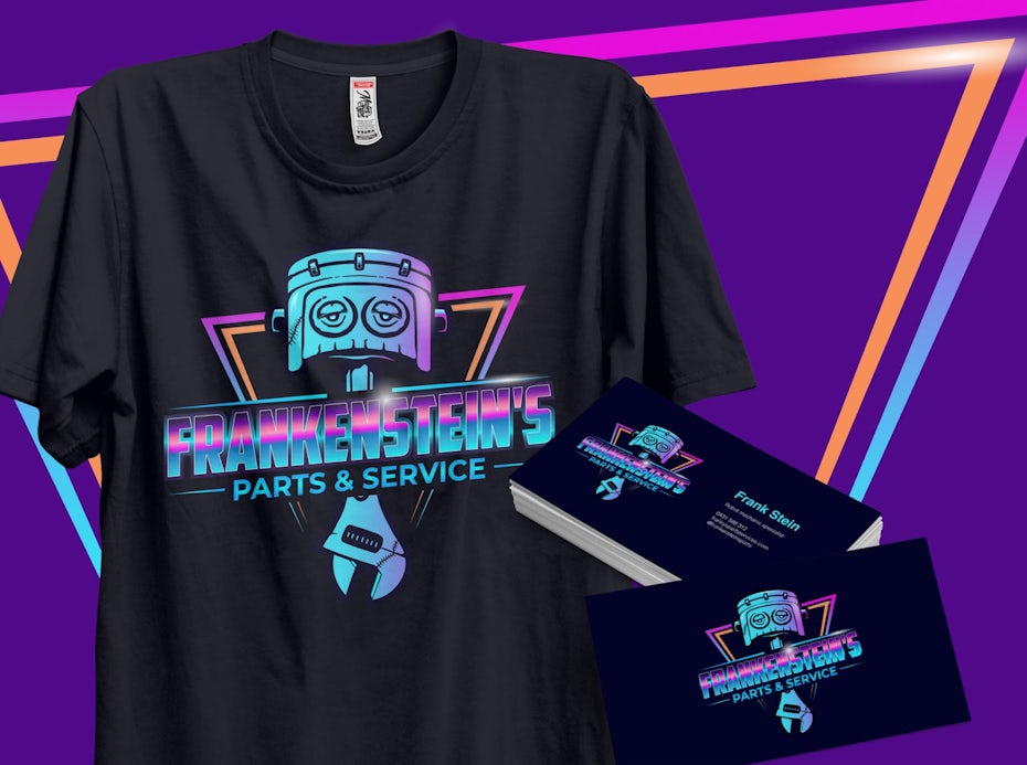 Frankenstein’s Parts and Services logo in neon blue and purple on black t-shirt and business cards