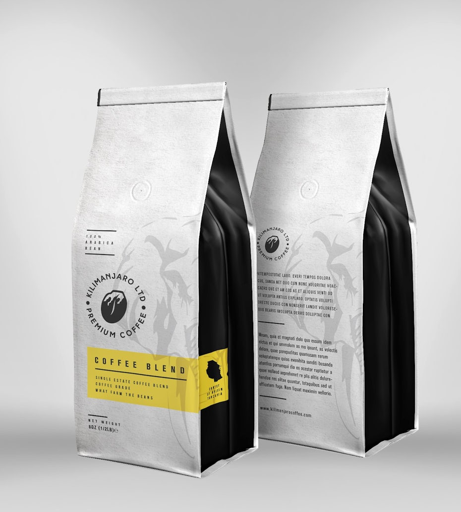 coffee packaging with lots of text
