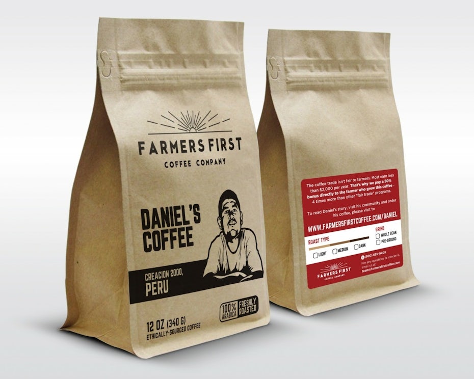 Heißprägekonzept für Farmers First Kaffeeverpackung