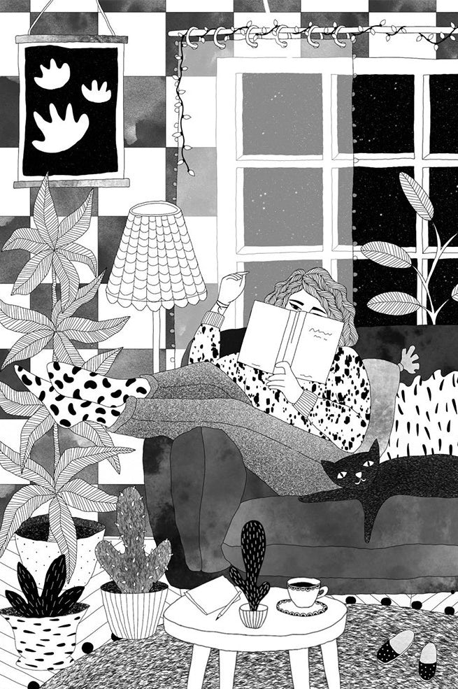 Black white illustration of a character in an apartment