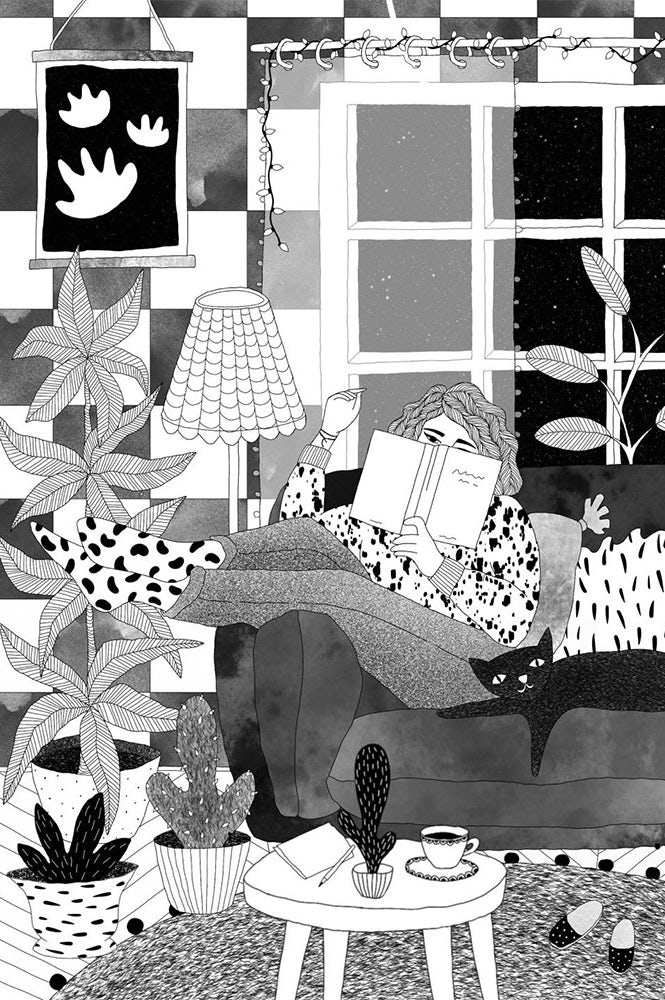 Black white illustration of a character in an apartment