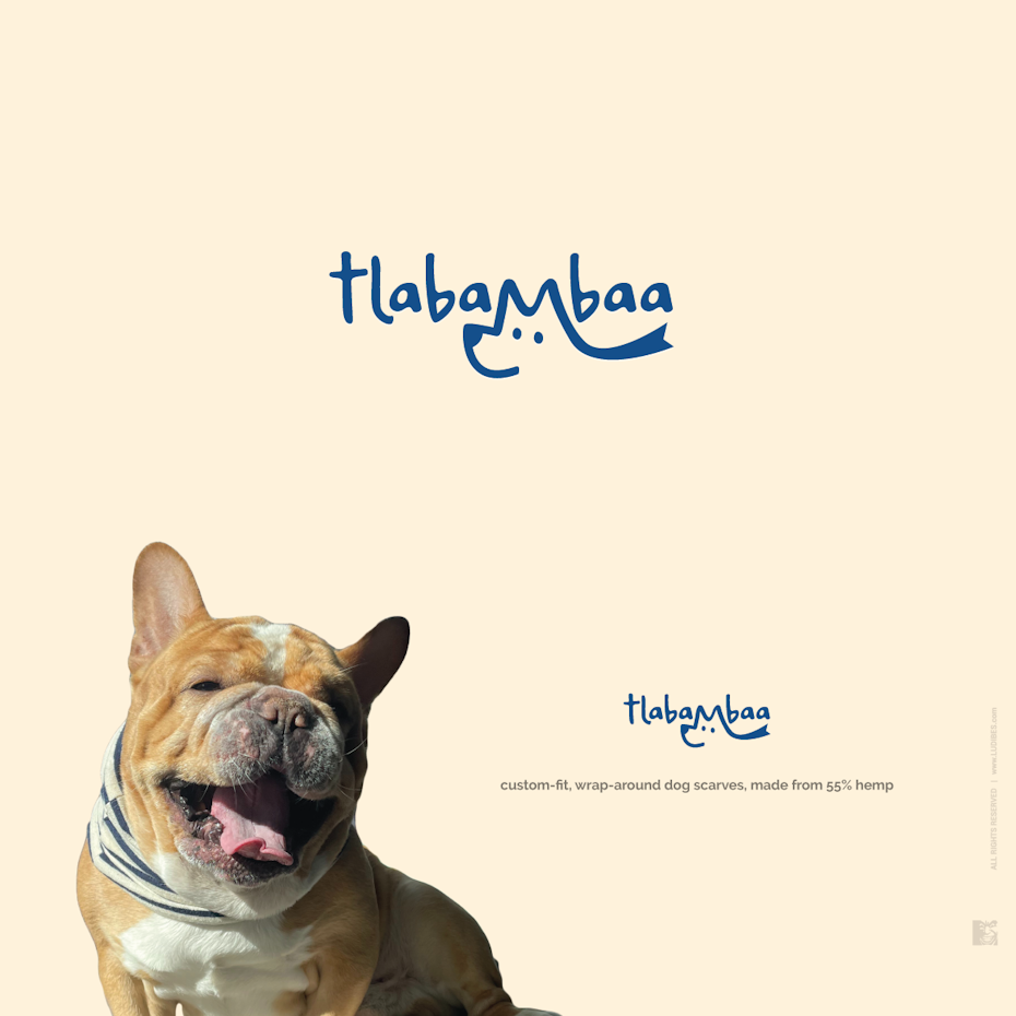 Logotipo azul con la imagen de un perro incorporada en el espacio negativo y letras.