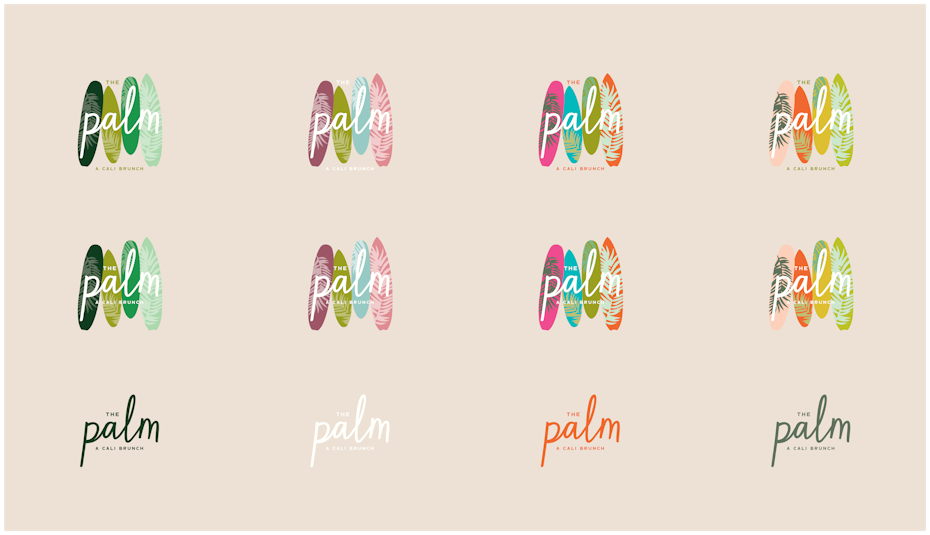 variations on a colorful palm leaf-shaped logo