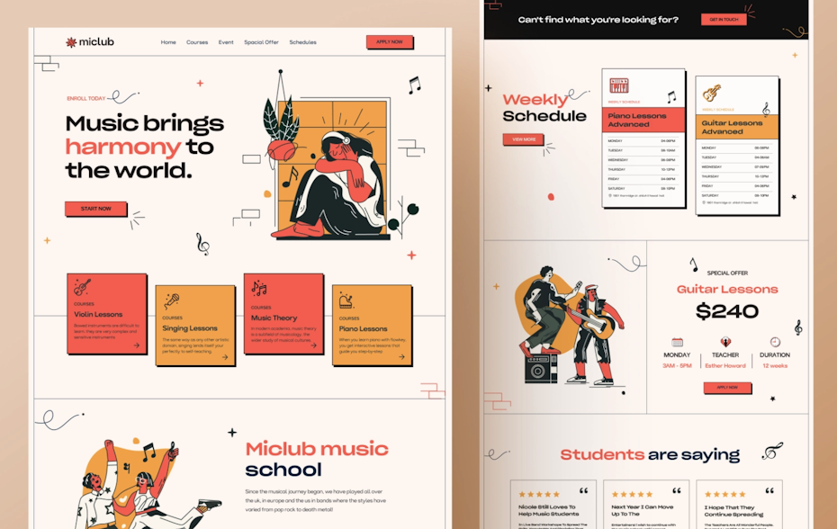 Landing page design for online music education