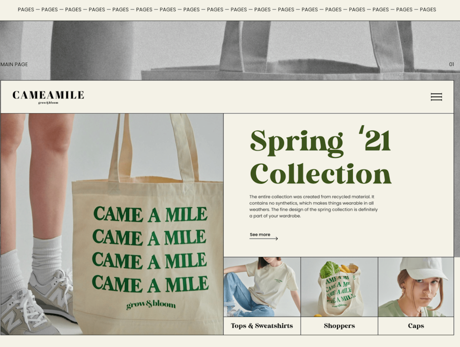 Product page website design for sustainable apparel