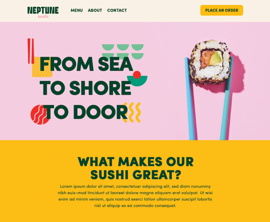 Web page design for sushi restaurant with abstract memphis design patterns