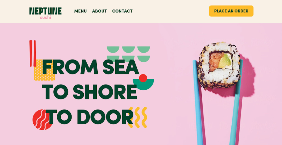 Tendencias de color inspiradoras para 2022 - Diseño de página web para restaurante de sushi con patrones abstractos de diseño de memphis
