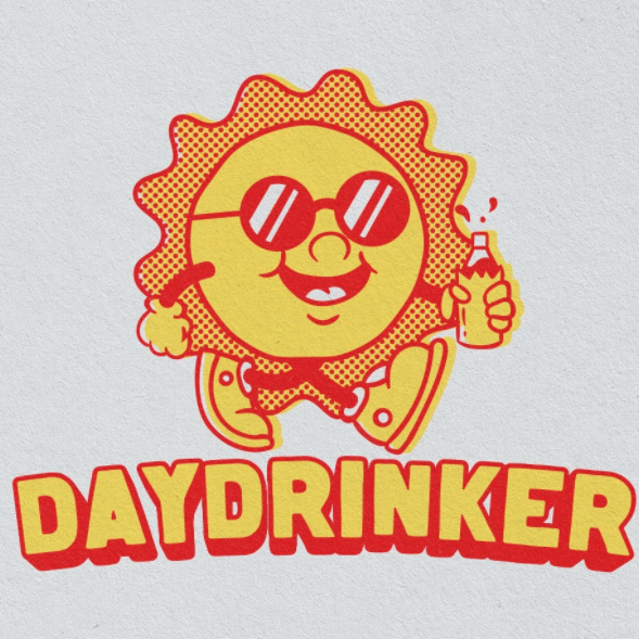 Tendencias en diseño de logotipo - sol antropomorfo con gafas de sol y sosteniendo una botella