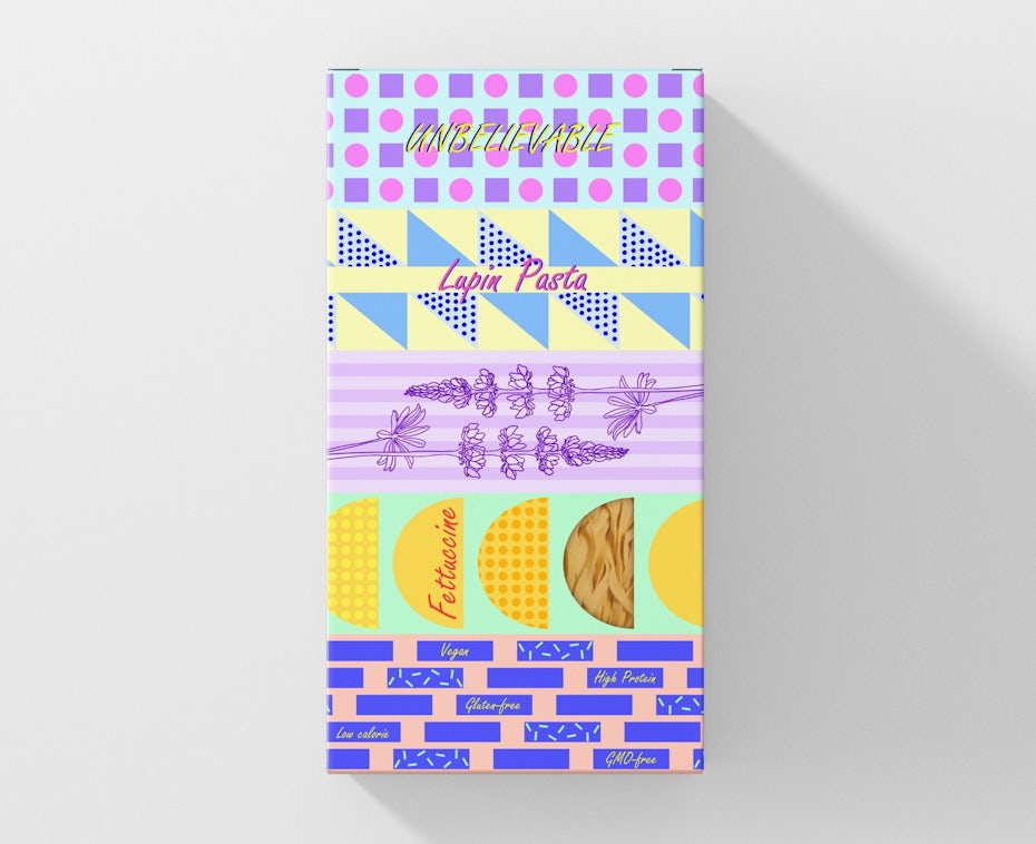 Diseño de packaging abstracto para caja de pasta.