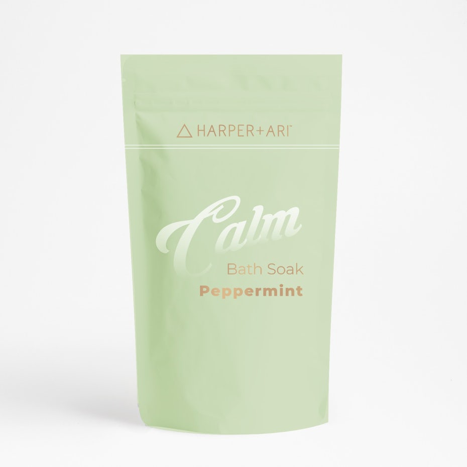 green pouch packaging with gold text