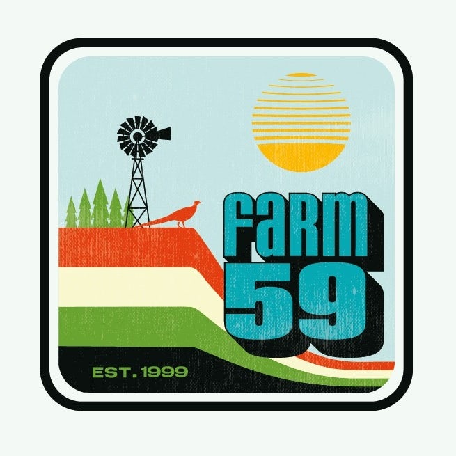 logotipo cuadrado de una escena de granja en colores llamativos