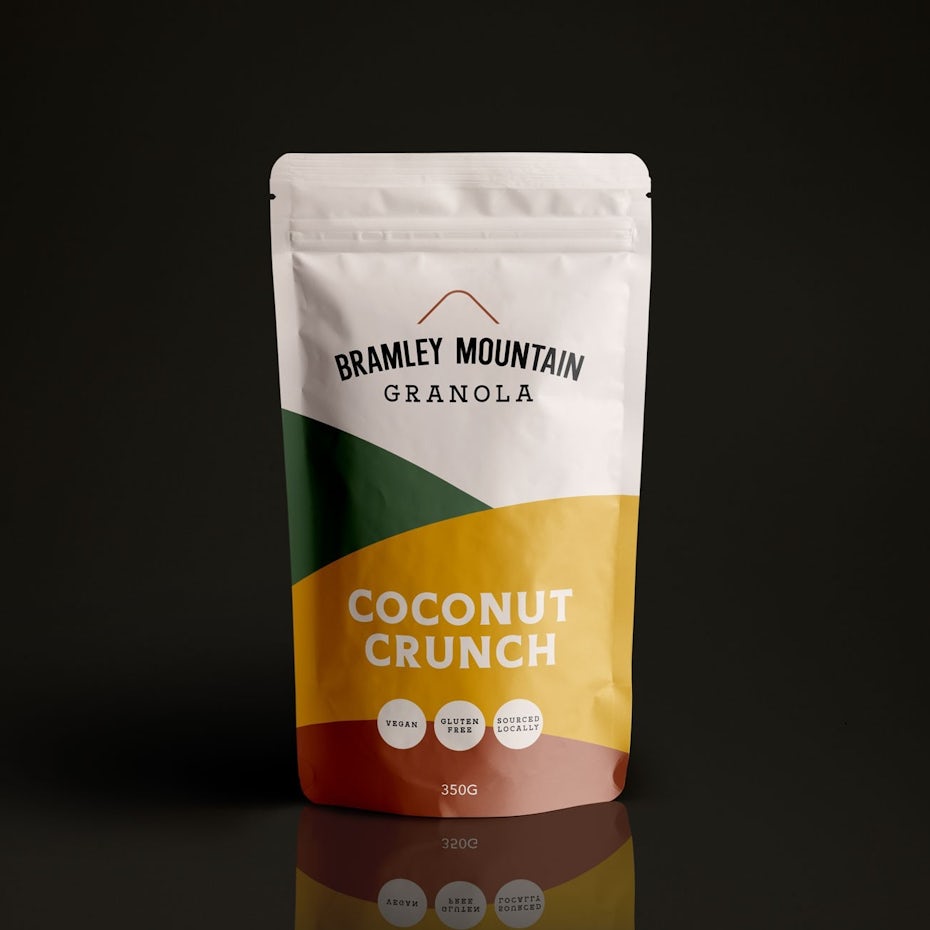 pouch packaging in white, yellow, green and burnt sienna