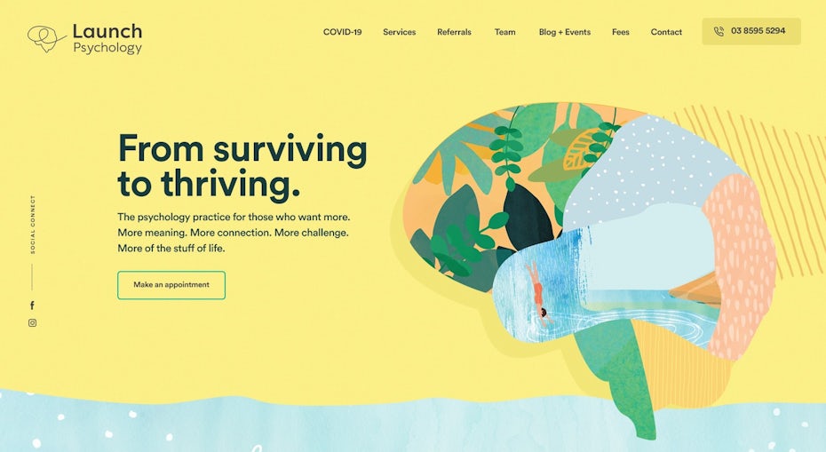 Psychology website design with hand-drawn graphics