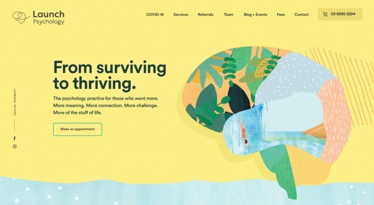 Psychology website design with hand-drawn graphics