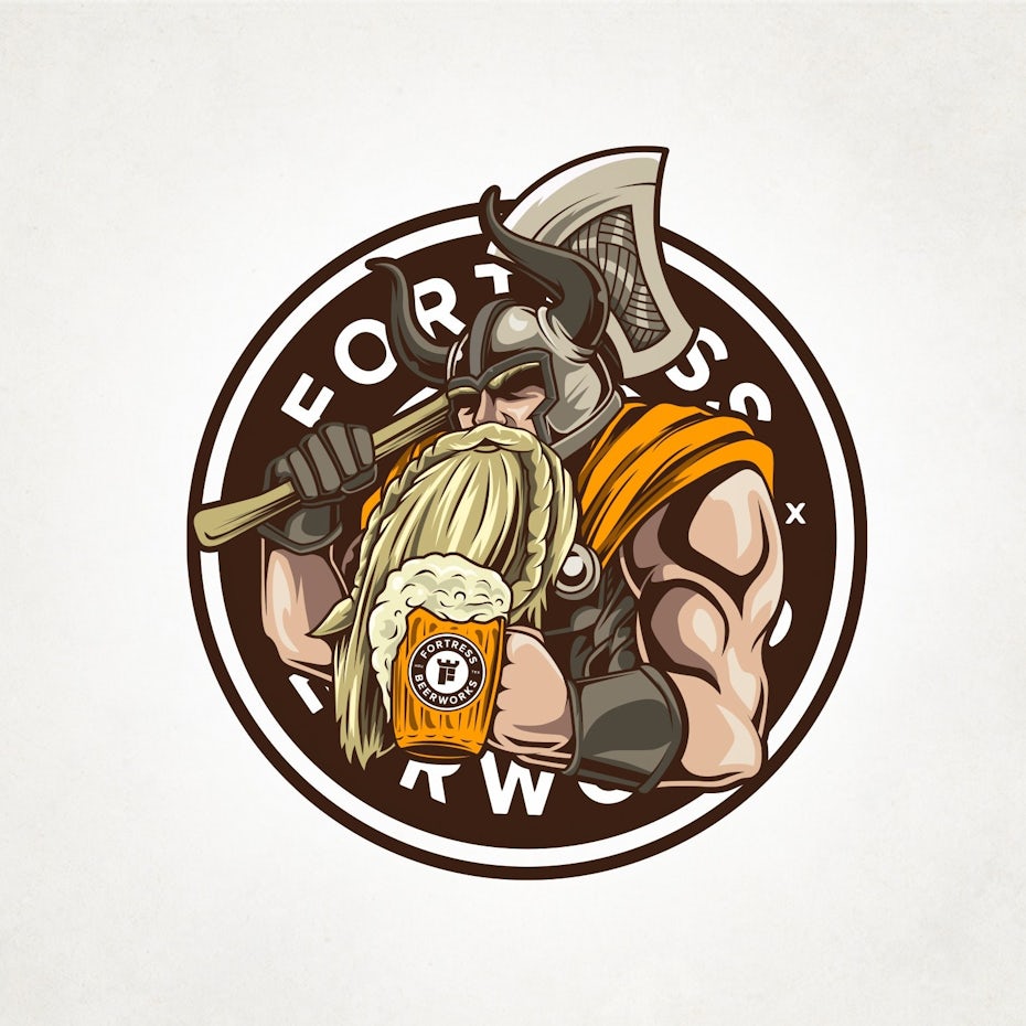 logo de dibujos animados de un vikingo con una cerveza