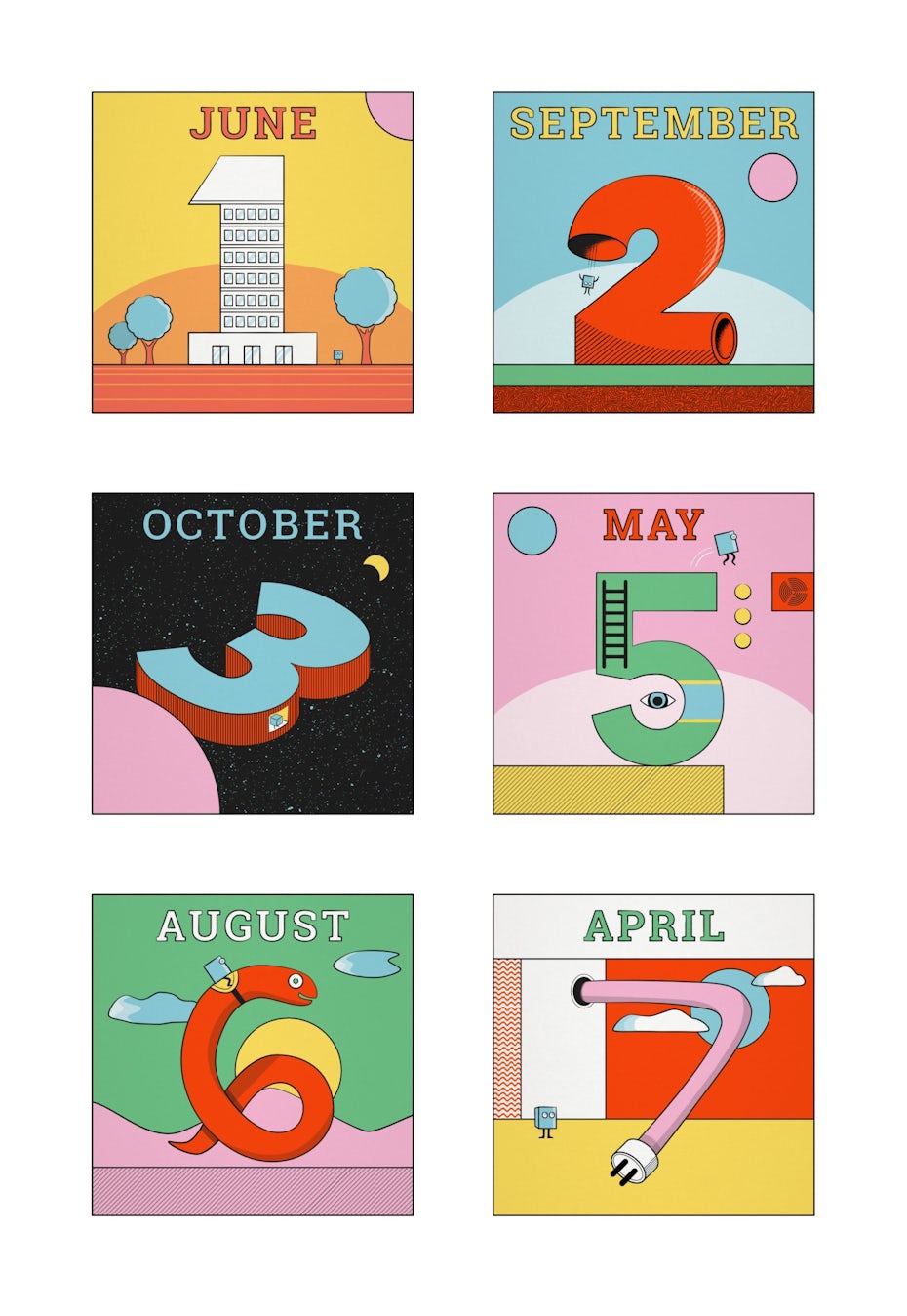 calendar illustrations of large numbers in vintage colors