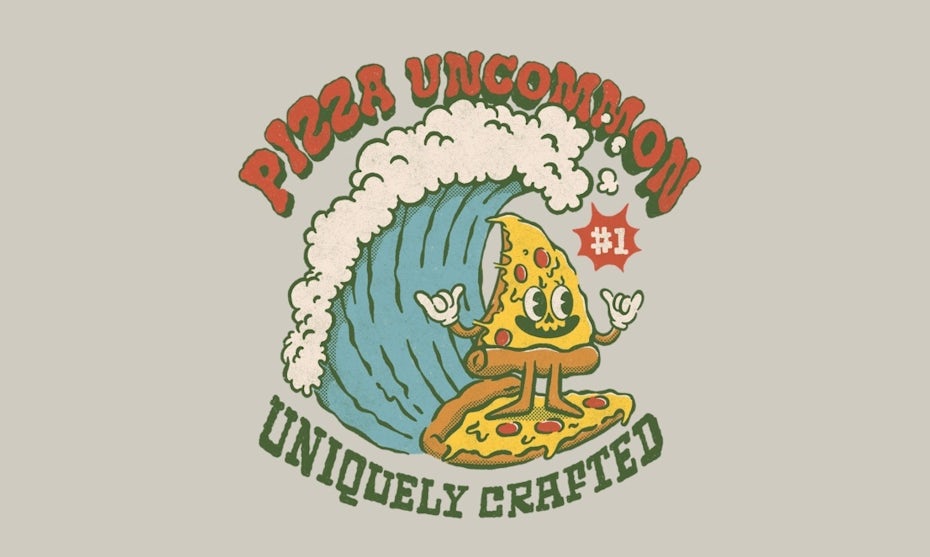 Illustration eines Pizzastücks, das auf einem anderen Pizzastück surft