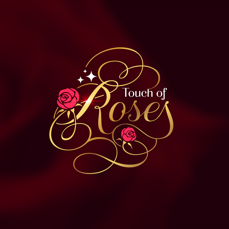 gold text and roses against red background
