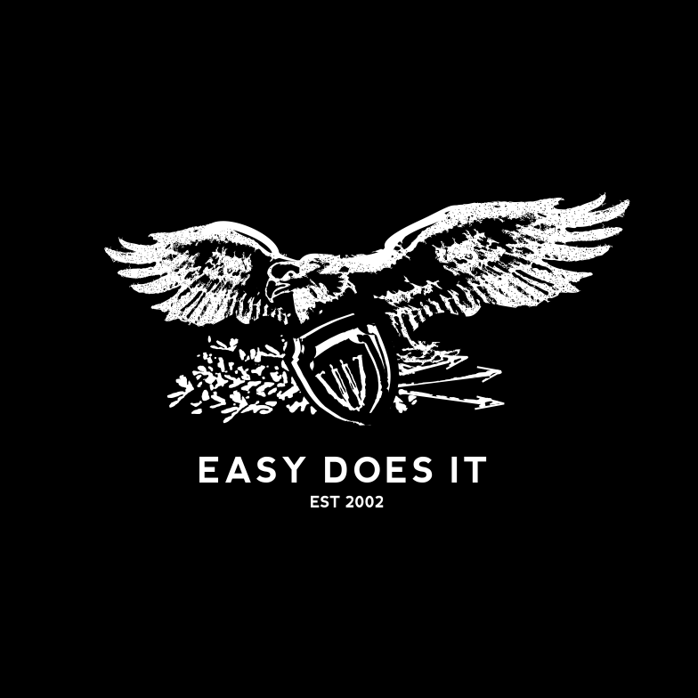 white logo of an eagle and text against black background