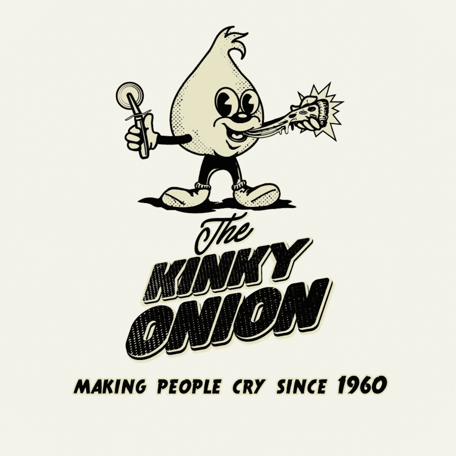 anthropomorphic onion with text