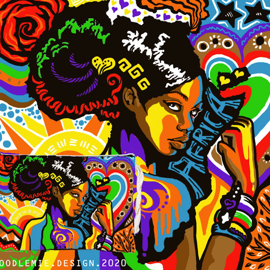 very colorful illustration with a woman in the centre