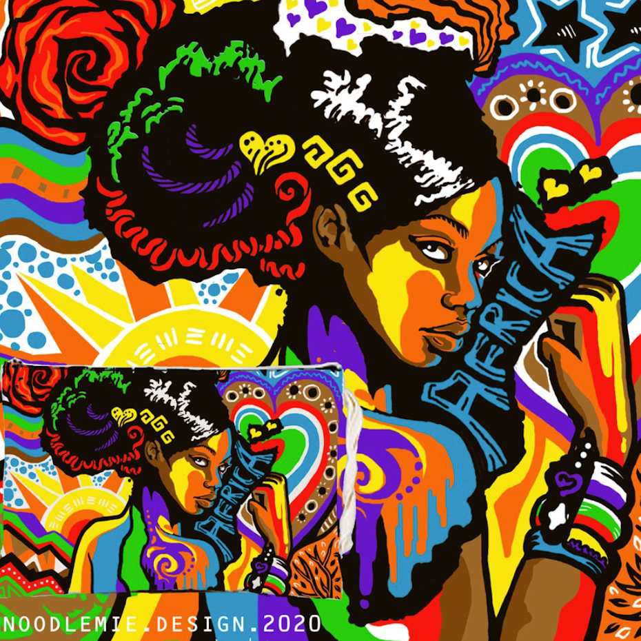 very colorful illustration with a woman in the centre