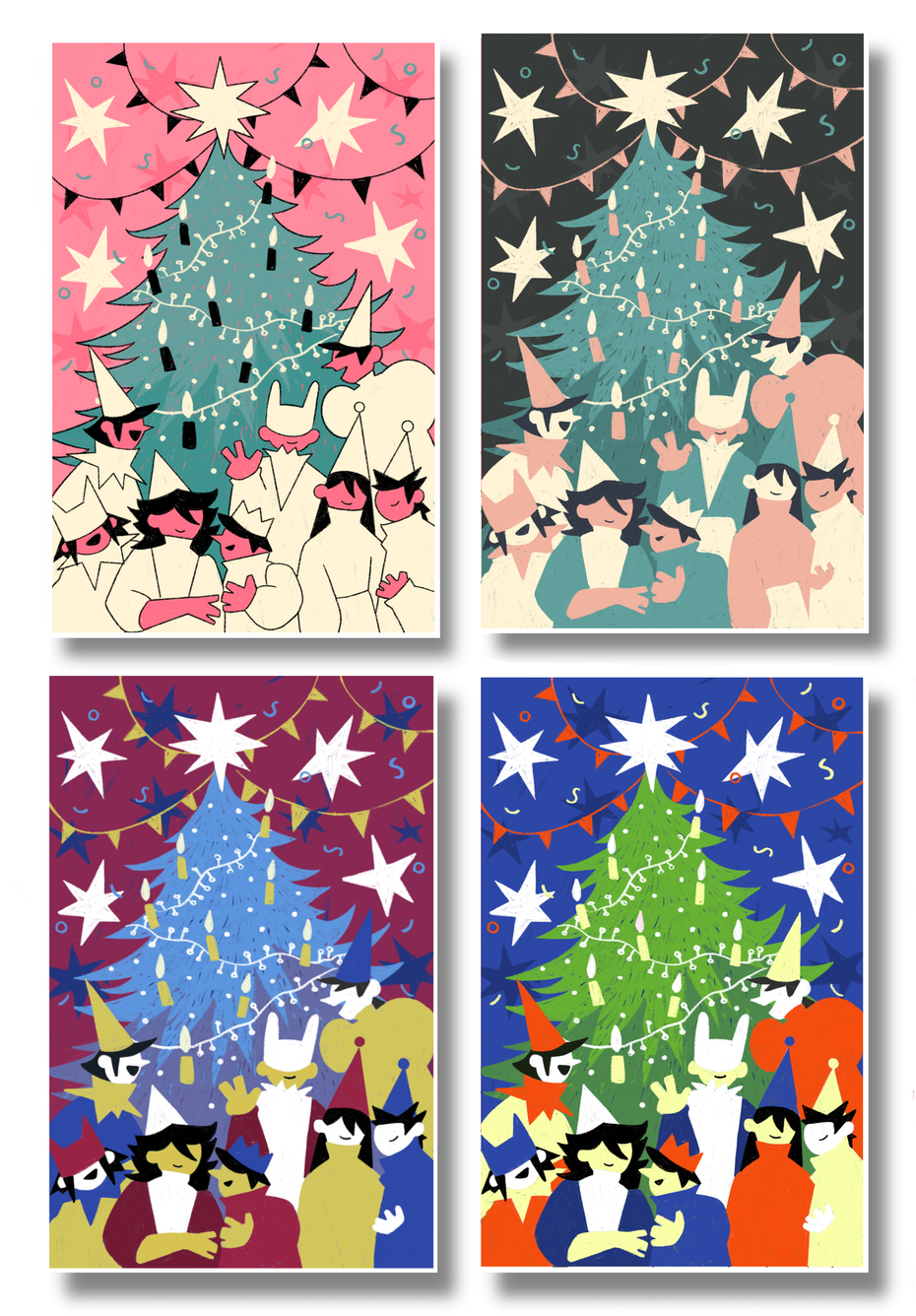künstlerische Weihnachtskarten in vier farbversionen